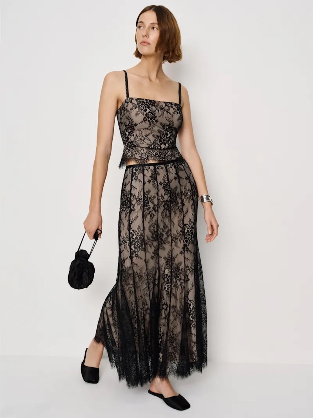 Reformation Black Lace Overlay Maxi Skirt and Top with Nude Underlayer